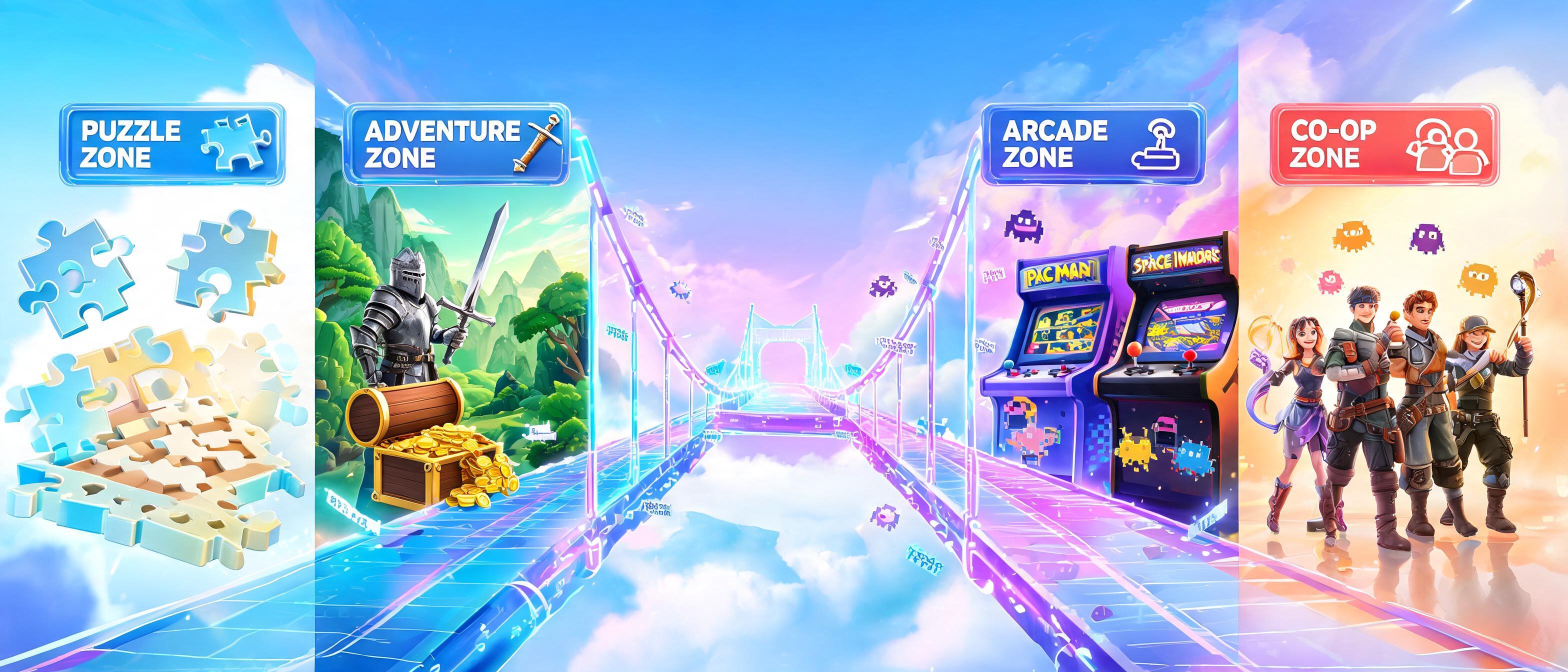 Színes digitális híd, amely különböző online játékvilágokat köt össze: puzzle, kaland, arcade és kooperatív zónák